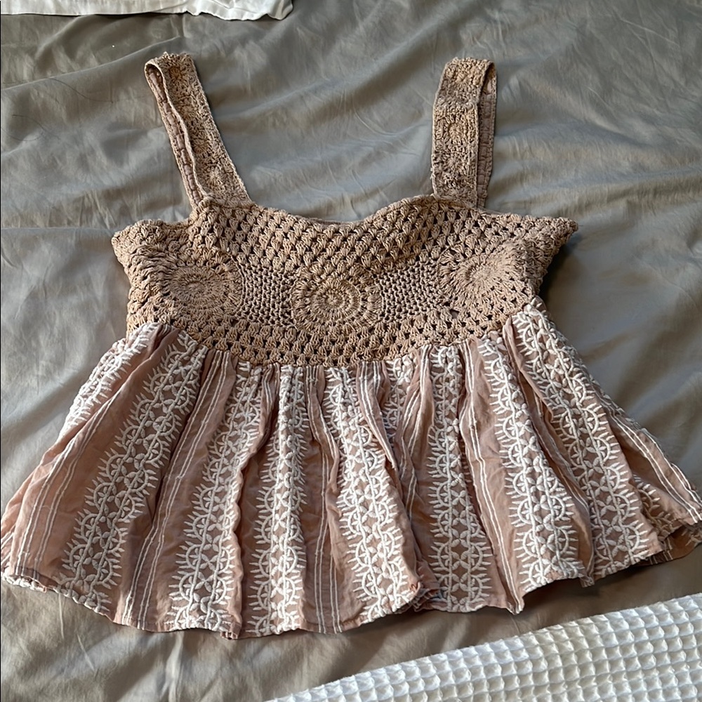 Tularosa Tan Crochet Babydoll Tank Top